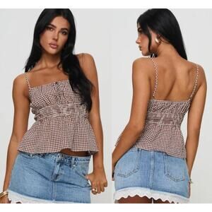 NWT Princess Polly Ansilin Shirred Band Cropped Top Brown Check Women's Size 8